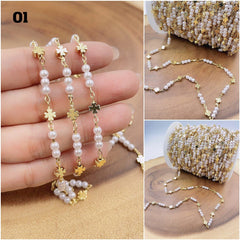 18K Gold Filled Shell Pearl Chain by Yard, Elongated Paperclip Chain by Foot, Clover Cross Chain, Heart Chain, Wholesale Bulk Roll Chain, CH314