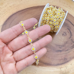 18K Gold Filled Enamel Daisy Flower Chain by Foot, Flower Link Chain by Yard for Necklace Bracelet Jewelry Making Supply, CH322