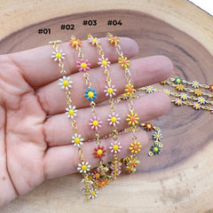 18K Gold Filled Enamel Daisy Flower Chain by Foot, Flower Link Chain by Yard for Necklace Bracelet Jewelry Making Supply, CH322