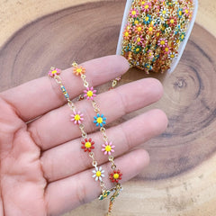 18K Gold Filled Enamel Daisy Flower Chain by Foot, Flower Link Chain by Yard for Necklace Bracelet Jewelry Making Supply, CH322