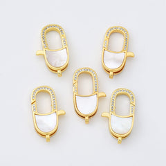 18K Gold Filled Semi-Oval Lobster Claw Clasp, Oval Shaped Shell Pearl Clasp Cubic Zirconia Micro Pave for Necklace Bracelet Jewelry Making Supply, CL578