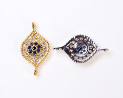 18K Gold Filled Blue CZ EVIL Eye Connector, Micro Pave CZ Evil Eye link, Cubic Zirconia, Gold Filled Brass Charms, 16x9mm| CN014