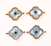 18K Gold Filled Dainty Clover Evil Eye Connector, CZ Micro Pave Evil Eye Charm, Mother of Pearl Evil Eye Charm, 18x13mm, CN107