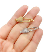 22K Gold Filled Heart Safety Pin Connector Charm, CZ Micro Pave Connector, Safety Pin Connector, Heart Connector, 28x9mm, CN278