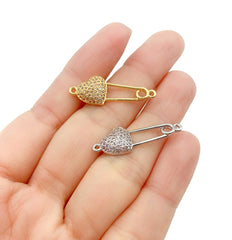 22K Gold Filled Heart Safety Pin Connector Charm, CZ Micro Pave Connector, Safety Pin Connector, Heart Connector, 28x9mm, CN278
