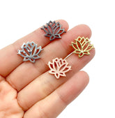 14K Gold Filled Lotus Flower Charm, Lotus Flower Cubic Zirconia Pendant, Gold/Silver/Rose Gold/Black, Yoga Charm Findings, 19x16mm, CN283