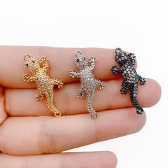 24K Gold Filled Dainty Micro Pave Gecko Connector, Cubic Lizard Charm Gold Filled Reptile Charm Animal Charm for Necklace, Earring Component, 31x14mm, CN359