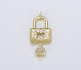 18K Gold Filled Heart Padlock and Key Charm Connector, CN402