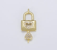 18K Gold Filled Heart Padlock and Key Charm Connector, CN402