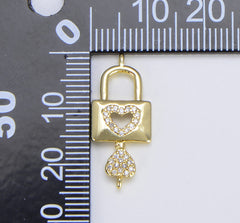 18K Gold Filled Heart Padlock and Key Charm Connector, CN402