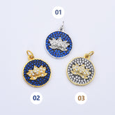 18K Gold Filled Sapphire and Clear Cubic Zirconia Micro Pave Lotus Charm, 20x15mm, CP079