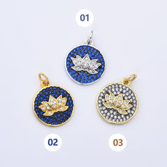 18K Gold Filled Sapphire and Clear Cubic Zirconia Micro Pave Lotus Charm, 20x15mm, CP079