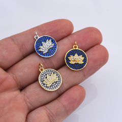 18K Gold Filled Sapphire and Clear Cubic Zirconia Micro Pave Lotus Charm, 20x15mm, CP079