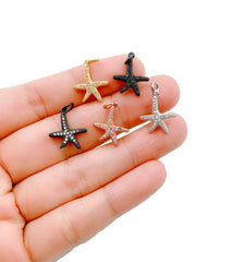 24K Gold Filled Small Starfish Pendant Charm, Cubic Zirconia Micro Pave Starfish Charm, Black/Rosegold/Whitegold/Gold,1pc,15mm,CP086A