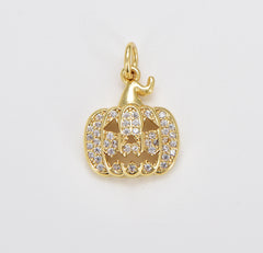 Halloween Pumpkin 18K Gold Charm Pendant CZ Micro Pave, Jack O Lantern Charm, Pumpkin Charm, Halloween Charm, 15x13mm, CP1032