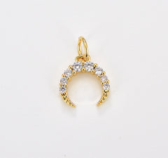 18K Gold Dainty Crescent Moon, CZ Micro Pave Moon Charm Pendant, Gold Crescent Moon Charm, CZ Pave Horn Findings, 14x10mm, CP1050