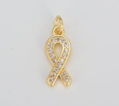 Ribbon Charm Pendant, 18K Gold CZ Micro Pave Ribbon Pendant, Awareness Ribbon, Cancer Fighting Charm, Cubic Zirconia, 16x6mm, CP1126
