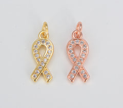 Ribbon Charm Pendant, 18K Gold CZ Micro Pave Ribbon Pendant, Awareness Ribbon, Cancer Fighting Charm, Cubic Zirconia, 16x6mm, CP1126