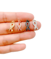 Ribbon Charm Pendant, 18K Gold CZ Micro Pave Ribbon Pendant, Awareness Ribbon, Cancer Fighting Charm, Cubic Zirconia, 16x6mm, CP1126