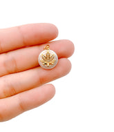 18K Gold Marijuana Charm Pendant, Freshwater Pearl Cannabis Charm Pendant, CZ Micro Pave Marijuana Pendant, Weed, 14mm, CP1127