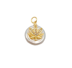 18K Gold Marijuana Charm Pendant, Freshwater Pearl Cannabis Charm Pendant, CZ Micro Pave Marijuana Pendant, Weed, 14mm, CP1127