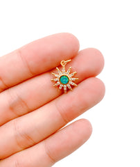 Sunburst Opal Charm, 18k Gold Sun Burst Charm Opal Round SunBurst Medallion Pendant, Micro Pave Gold Sun Celestial Jewelry, CP1132