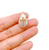 Freshwater Pearl Cross Charm Pendant, 18K Gold CZ Micro Pave Cross Pendant, Cross Charm, Crucifix, Cross Necklace, 13mm, CP1139