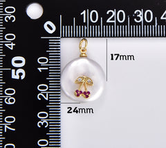 Freshwater Pearl Cherry Charm Pendant, 18K Gold CZ Micro Pave Cherry Pendant, Cherry Necklace, Cherry Charm, 17x24mm, CP1140