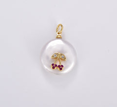 Freshwater Pearl Cherry Charm Pendant, 18K Gold CZ Micro Pave Cherry Pendant, Cherry Necklace, Cherry Charm, 17x24mm, CP1140