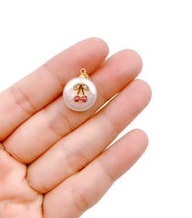 Freshwater Pearl Cherry Charm Pendant, 18K Gold CZ Micro Pave Cherry Pendant, Cherry Necklace, Cherry Charm, 17x24mm, CP1140