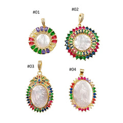 18K Gold Delicate Mother Of Pearl Virgin Mary Cubic Zirconia Necklace Pendant Charm Gift for Woman Jewelry Making 25/27/34mm, CP1167