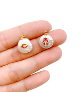 18k Gold Pearl Charm White Round Pearl, Micro Pave Hamsa and Lips Pearl Drop Bracelet Pearl Beads, Gold Filled Findings 13mm, CP1169