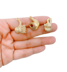 24K Gold Filled Hand Sign Charm, CZ Micro Pave Hand Sign Pendant, Okay Hand Sign, Peace Hand Sign, Thumbs Up Hand, Cubic Zirconia, 12/14/18mm, CP1171