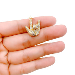 24K Gold Filled Rock n Roll Hand Charm, CZ Micro Pave Hand Pendant, Hand Charm, Hand Sign Pendant, Cubic Zirconia, 17mm, CP1173