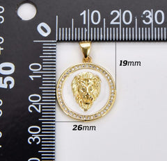 24K Gold Filled 3D Micro Pave Charm Medallion, Lion Medallion, Lion Pendant, Lion Jewelry, Lion Necklace Charm Cubic Zirconia, 26x19mm, CP1174