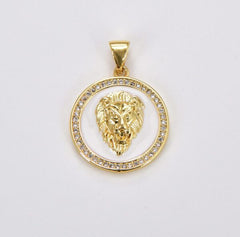 24K Gold Filled 3D Micro Pave Charm Medallion, Lion Medallion, Lion Pendant, Lion Jewelry, Lion Necklace Charm Cubic Zirconia, 26x19mm, CP1174