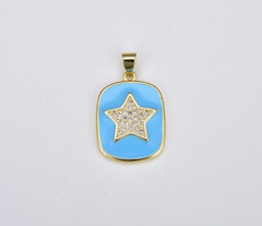 24K Gold Filled Enamel Star Moon Heart Charm Military Tag Pendant, Light Blue Color Celestial Charm, Enamel Jewelry, 27x17mm, CP1195