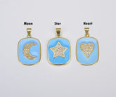 24K Gold Filled Enamel Star Moon Heart Charm Military Tag Pendant, Light Blue Color Celestial Charm, Enamel Jewelry, 27x17mm, CP1195