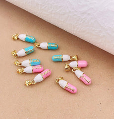 24K Gold Filled Dainty Pill Bar Pendant Enamel Teal Happy Chill Charm, Pendant for Bracelet Necklace Earring Component Supply, CP1338