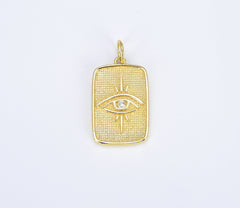 18K Gold Evil Eye Tag Charm, Micro Pave Evil Eye Pendant, Eye of Ra Pendant for Necklace Bracelet Component, 23x14mm, CP1389