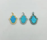 Dainty 18K Gold Hamsa Hand Charm, Opal Hamsa Charm for Necklace Earring Bracelet Micro Pave Evil Eye Charm Supply, 18x14mm, CP1406