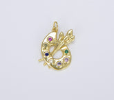 18K Gold Filled Paint Board and Brush Charm, Colorful Cubic Zirconia Artist Palette Charm for Necklace Bracelet Earrings Jewelry Making Supply, 25x18mm, CP1462
