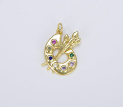 18K Gold Filled Paint Board and Brush Charm, Colorful Cubic Zirconia Artist Palette Charm for Necklace Bracelet Earrings Jewelry Making Supply, 25x18mm, CP1462