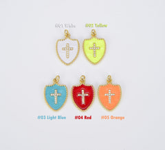 18K Gold Filled Micro Pave Cubic Zirconia Cross on Colorful Enamel Shield Shape Pendant, CP1507