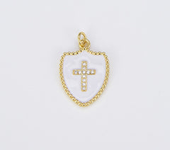 18K Gold Filled Micro Pave Cubic Zirconia Cross on Colorful Enamel Shield Shape Pendant, CP1507