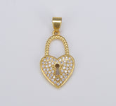 18K Gold Dainty Heart Padlock Charm, Micro Pave Charm Pendant Heart Lock Charm Necklace for Statement Necklace Component, 25x13mm, CP1572