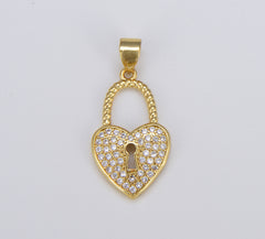 18K Gold Dainty Heart Padlock Charm, Micro Pave Charm Pendant Heart Lock Charm Necklace for Statement Necklace Component, 25x13mm, CP1572
