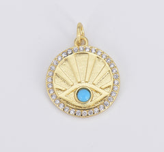 18K Gold Evil Eye Charm, Sunburst Evil Eye Necklace Medallion Pendant Necklace Micro Pave Sun Rays, 21x17mm, CP1581