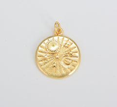 Dainty Gold Celestial Charm, Round Sun Moon Stars Charm Pendant Celestial Medallion Charm for Necklace Bracelet Component, 23x18mm, CP1593