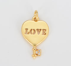 Mini Love Heart Key Charm, Micro Pave Gold Heart Charms, Love Lock Pendant, Key Necklace Bracelet Earring Charm, 22x13mm, CP1594